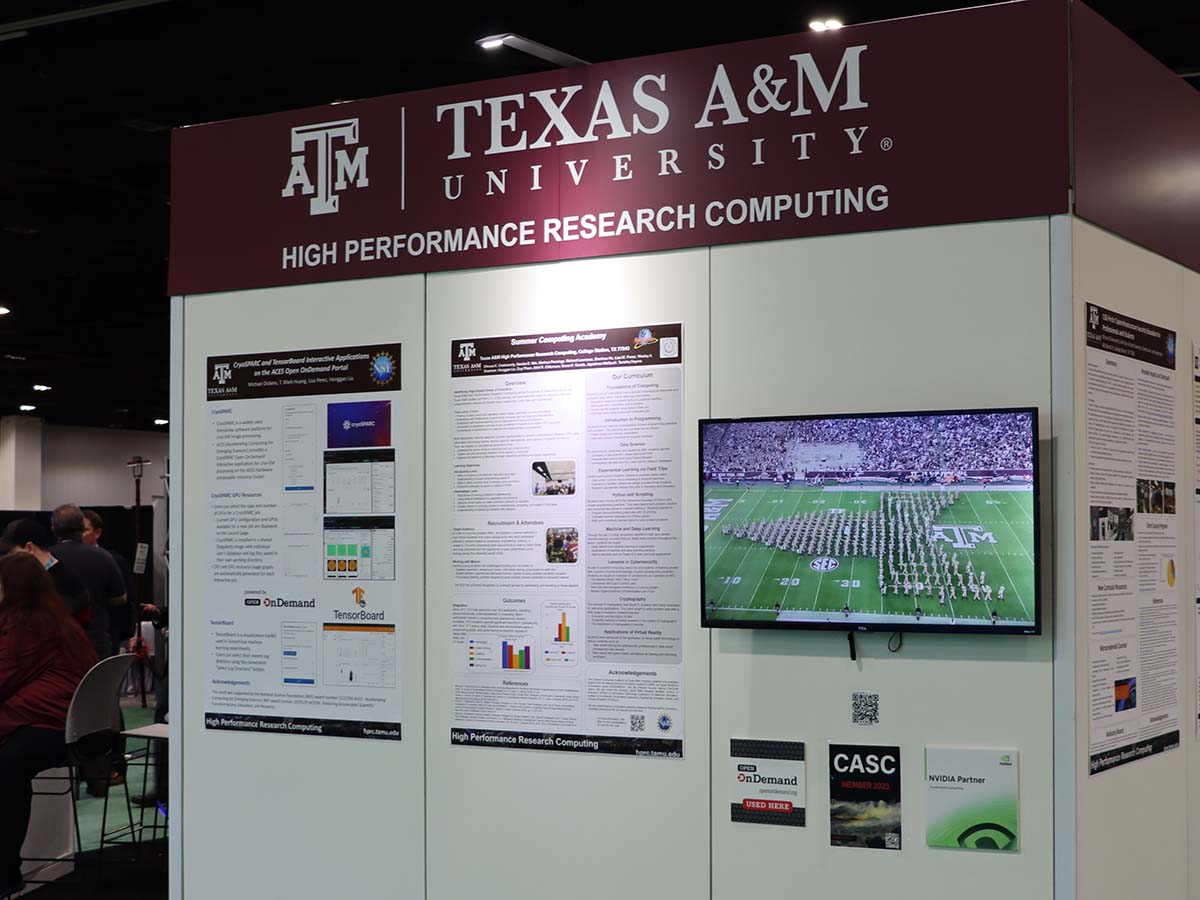 Texas A&M booth at SC23 with Open OnDemand placard
