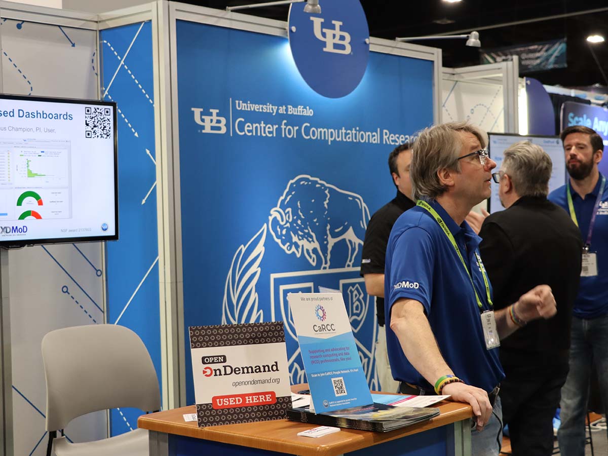 University of Buffalo booth at SC23 with Open OnDemand placard